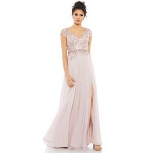 Mac Duggal Embellished Beaded & Lace Cap Sleeve Bodice Flowy Gown in Rose Sz 12